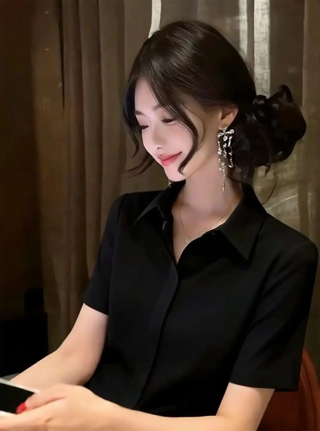 Elegant Black Short Sleeve Shirt for Women Summer Commute Cool Feeling Lightweight Ladylike Blouse Polyester Fiber Straight Cut
