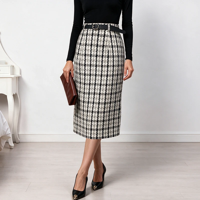 2026 Autumn/Winter New Style Elegant Business Mid-Length Dress Plaid Tweed Straight A-Line Skirt Women