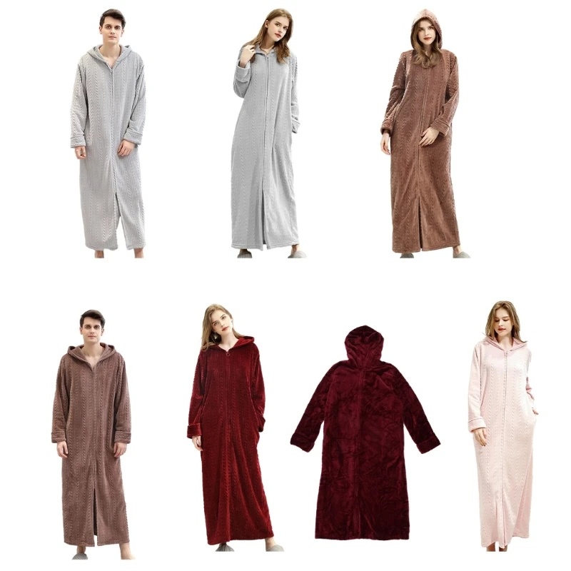 Womens Men Robe Full Zipper Bathrobes Ladies Hooded Housecoat Plush Fleece Warm Sleepwear Long Pajamas Nightgown Gifts