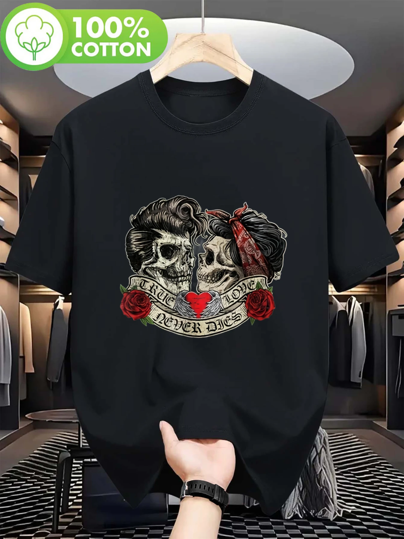 Camiseta Vintage Rockabilly con Gráfico de Tatuaje para Hombre - Diseño de Calavera y Rosas 'True Love Never Dies', Estilo Años 50, Manga Corta, Corte Cómodo, Camisa Casual para Vestir Informal (Tallas S-2XL) All-Sea