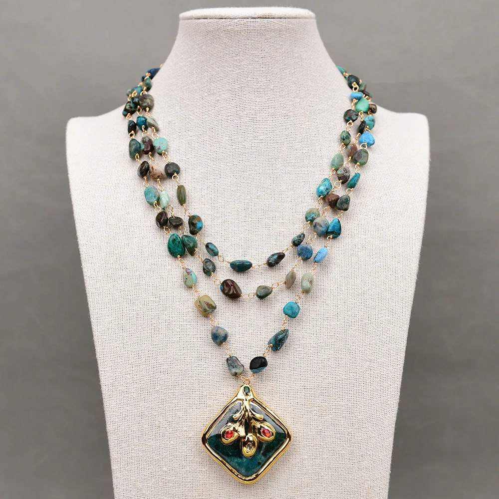 

GG 3 Starnds Natural Mix Color Turquoise Nugget Chain Necklace Gold Plated Edge Green Chrysocolla Phoenix Stone Pendant