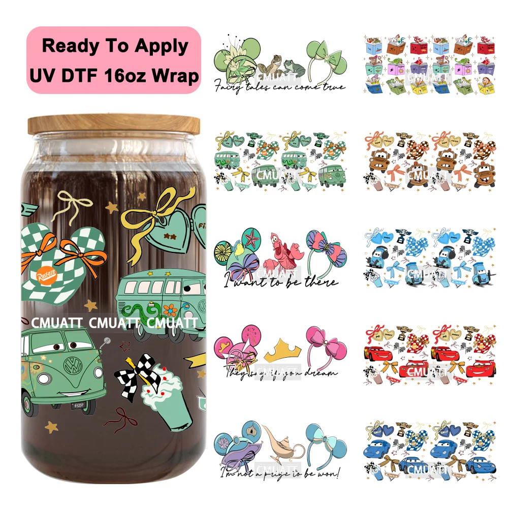 Envolturas para vasos con diseño de orejas de ratón de dibujos animados de Magical Kingdom, 16 onzas, con protección UV DTF, listas para aplicar, pegatinas de transferencia impermeables para vasos Libbey.