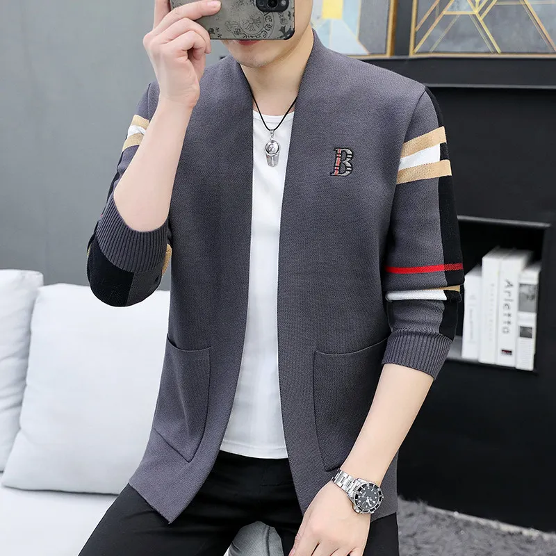 

Men's Casual Knitted Open Cardigan Spring Autumn Faion Versatile Outerwear Soft Polyester V-Ne Long Sve Warm Sweater