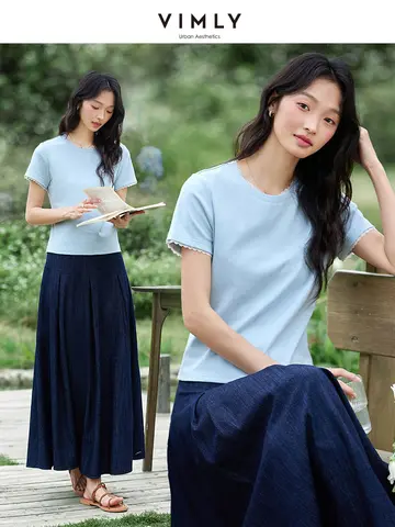 VIMLY 여름 여성용 탑 2025 패션 베이직 코튼 티셔츠 여성 캐주얼 심플 솔리드 반팔 티셔츠 여성 의류 A1223