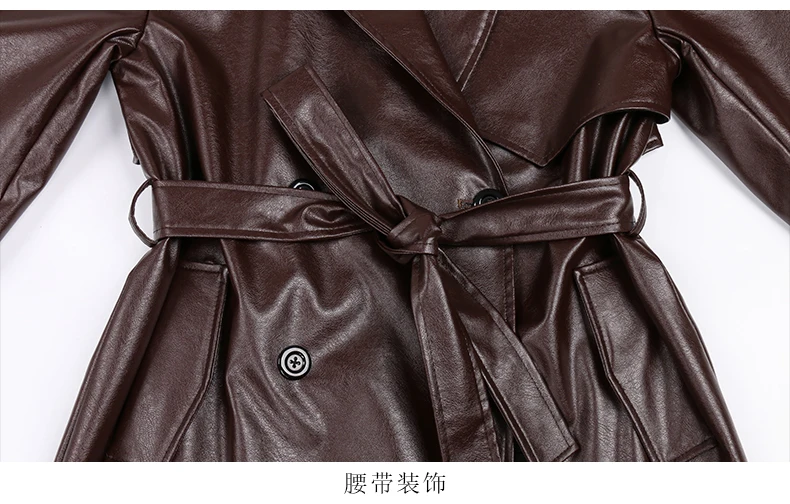 Lautaro Spring Autumn Long Black Soft Pu Leather Trench Coat for Women Belt Double Breasted Cool Handsome European Fashion 2022