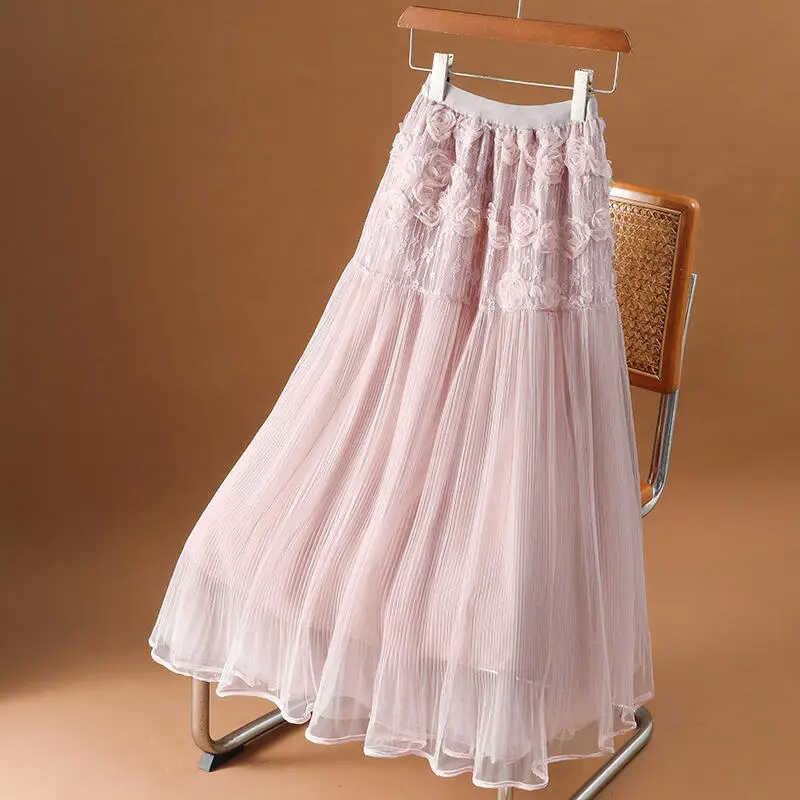 Hot 2026 Summer New Women Three Dimensional Flower Splicing Mesh Skirt Fashion Fairy High Waist A-Line Hanging Half Length Skirt