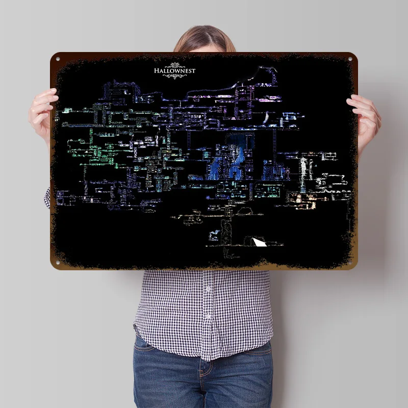 Hollow Knight Hallownest Map Lightly 3D Metal Poster Customized Wall Art Vintage Metal Signs for Man Cave Home Decor Items House