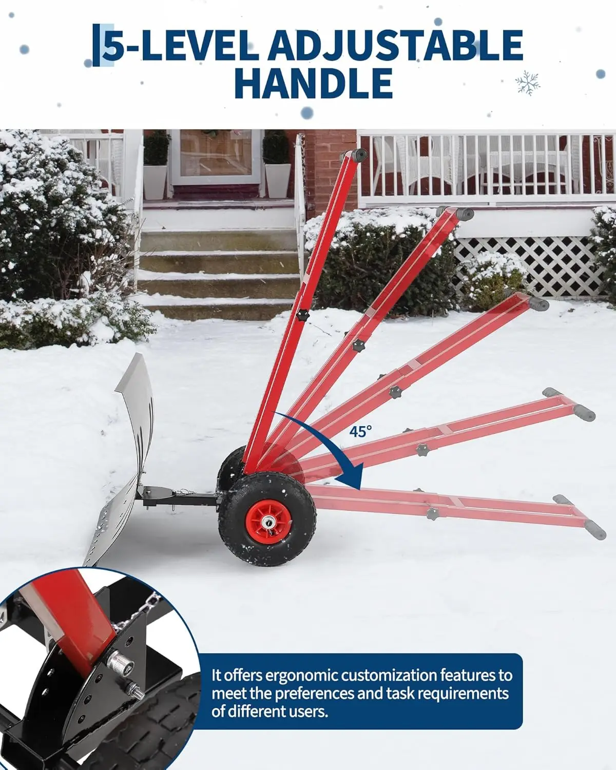 Heavy Duty Snow Shovel with Wheels, Steel Dual Handle Push Snow Pusher Shovel, 5-Position Angle & Height Adjustable Handle