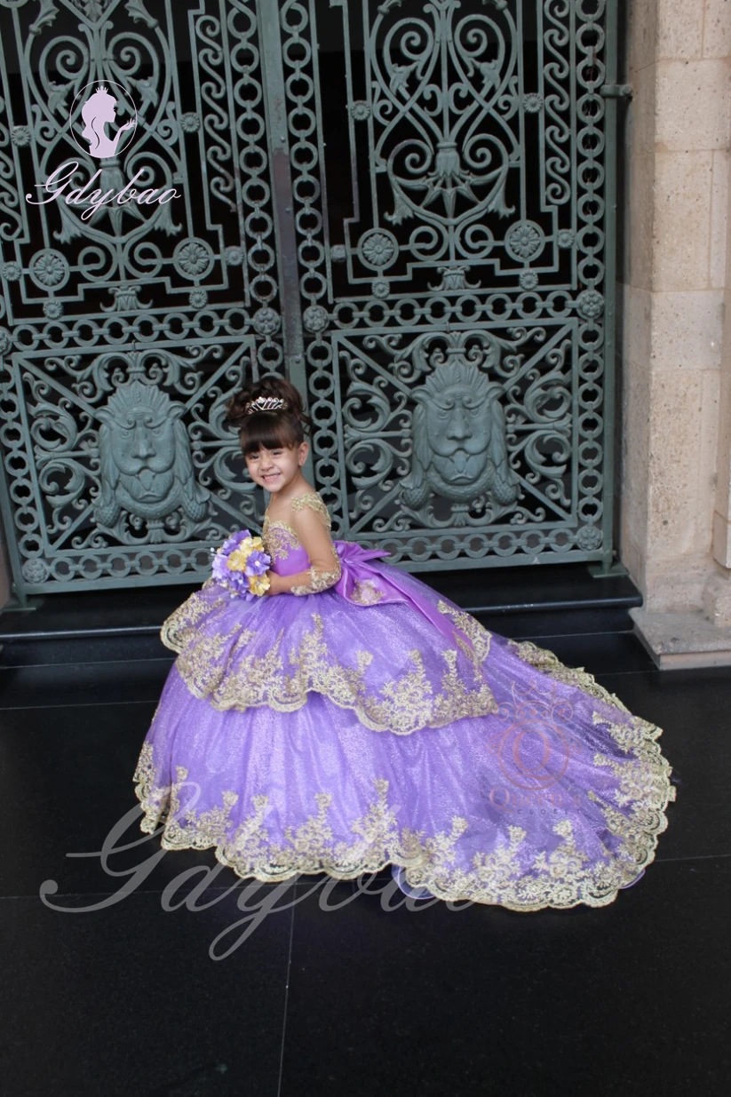 Vestido completo de flor vermelha com arco para meninas, vestidos de baile, aplique dourado, primeira comunhão, aniversário infantil, casamento