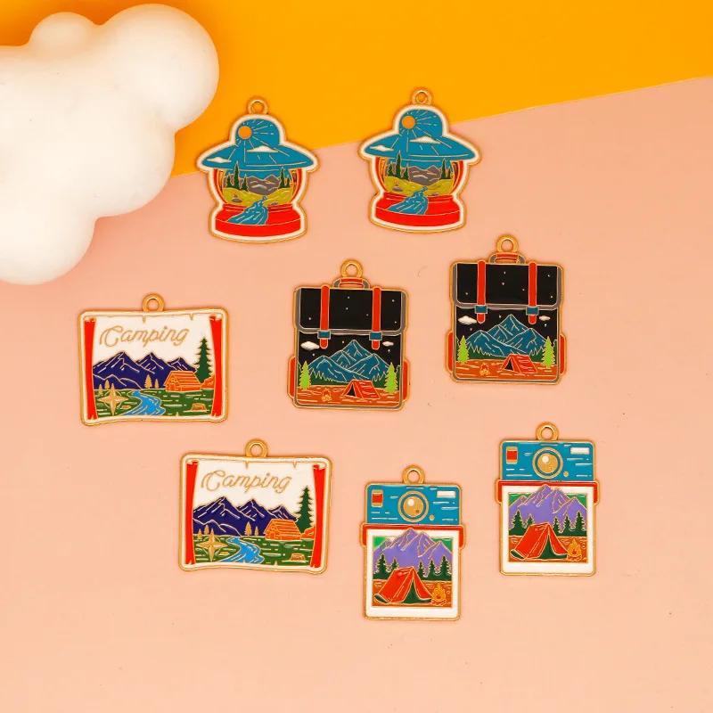 10pcs/set Enamel Camping Charms Hat Suitcase,Camping Sign Camera Camping-Themed Charms for DIY Jewelry Making Wholesale