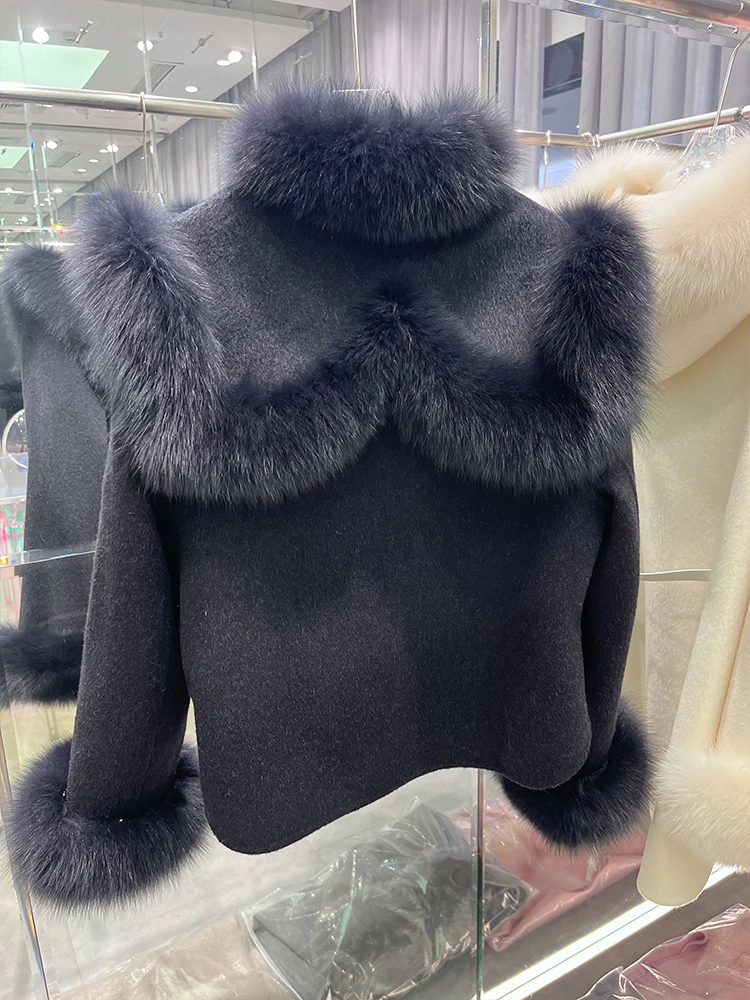 2024 New Autumn Winter Cashmere Wool Woolen Ladies Outerwear Female Coat Real Fur Coat Women Natural Fox Fur Collar Jacket