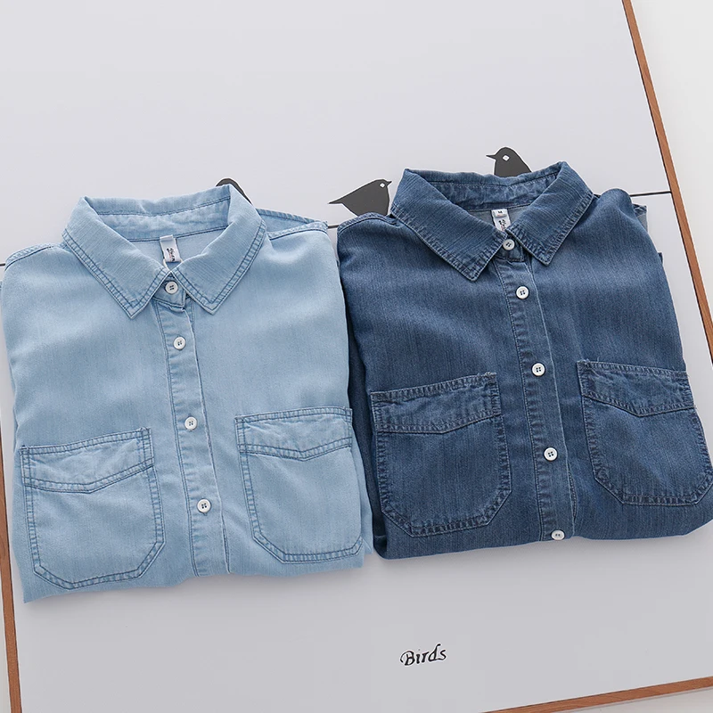 Women's Light Denim Shirts, Vintage, Turn-Down Collar, Pocket, Casual, All Match, Female Outwear Tops, Summer, 2022