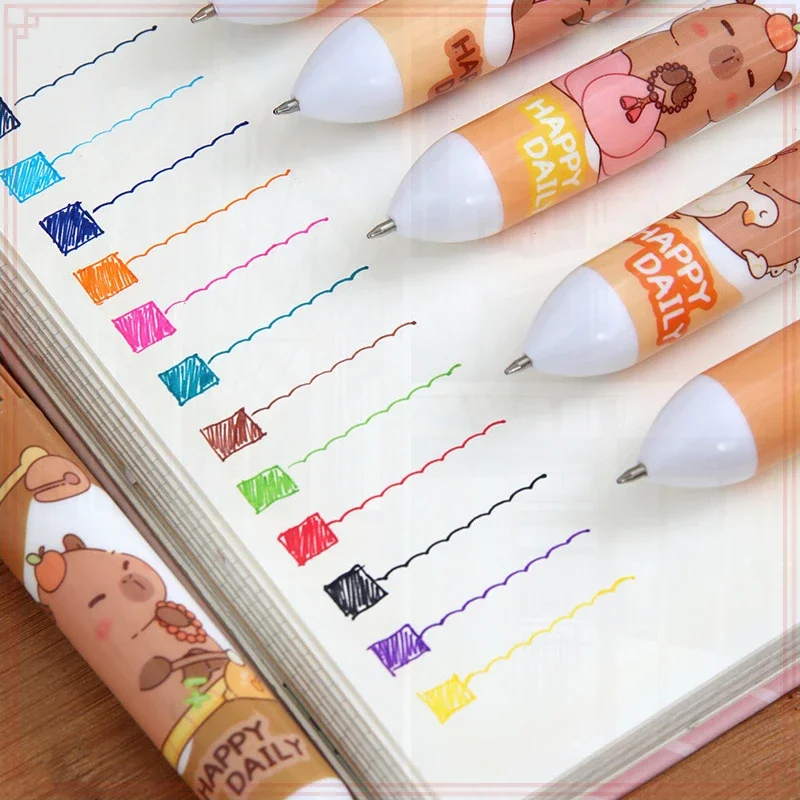 36 Pcs Wholesale Cute Cartoon Capybara Kapibala Push Ballpoint Pens with Box 10 Colors for School Supplies and Student Writing