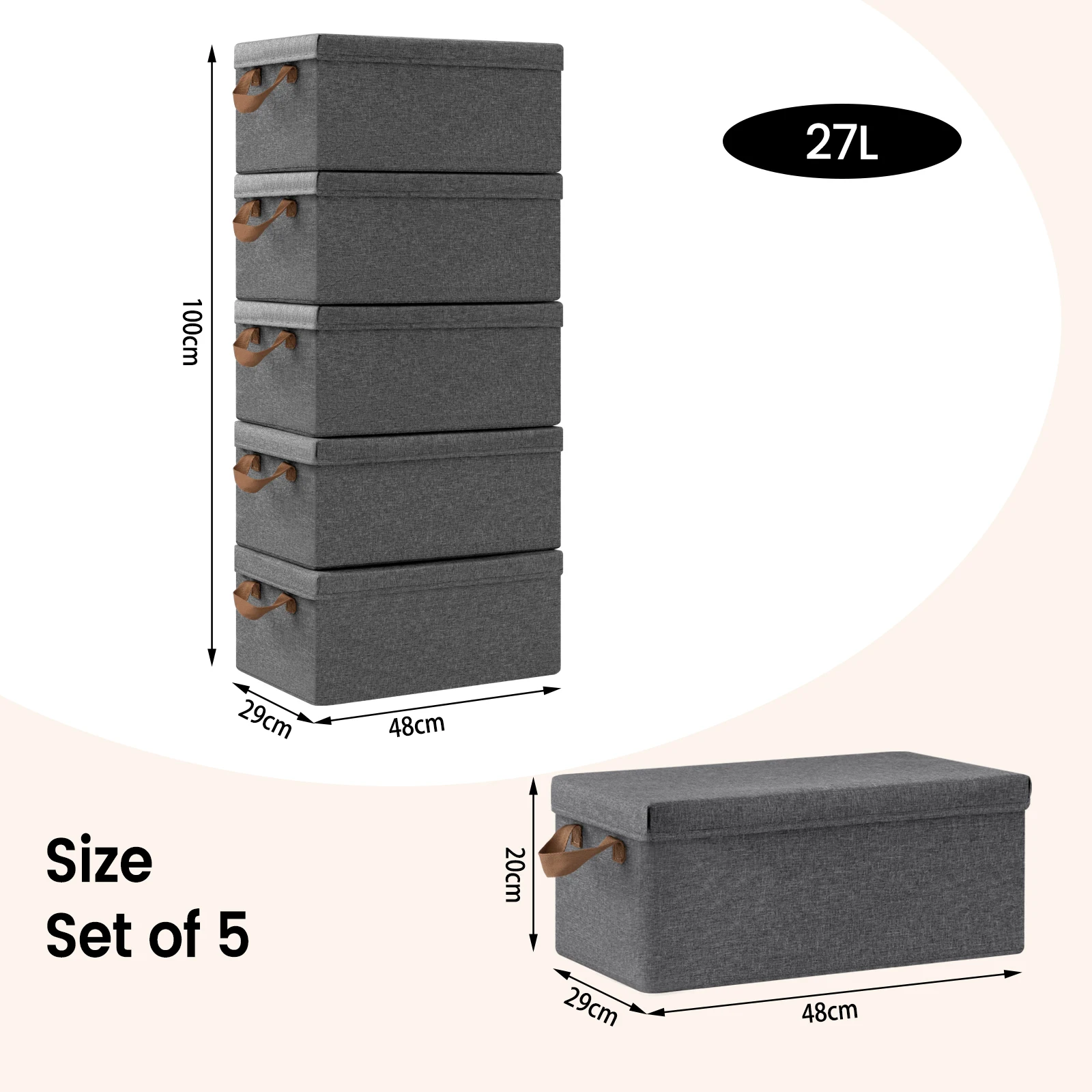 WOLTU 3/5 Stück faltbare Stoff-Aufbewahrungsbox mit Deckel und Griffen, 20/27/36/51 l, große Box, Tasche, Korb, Organizer für Bettdecken, Kleidung, Spielzeugbox