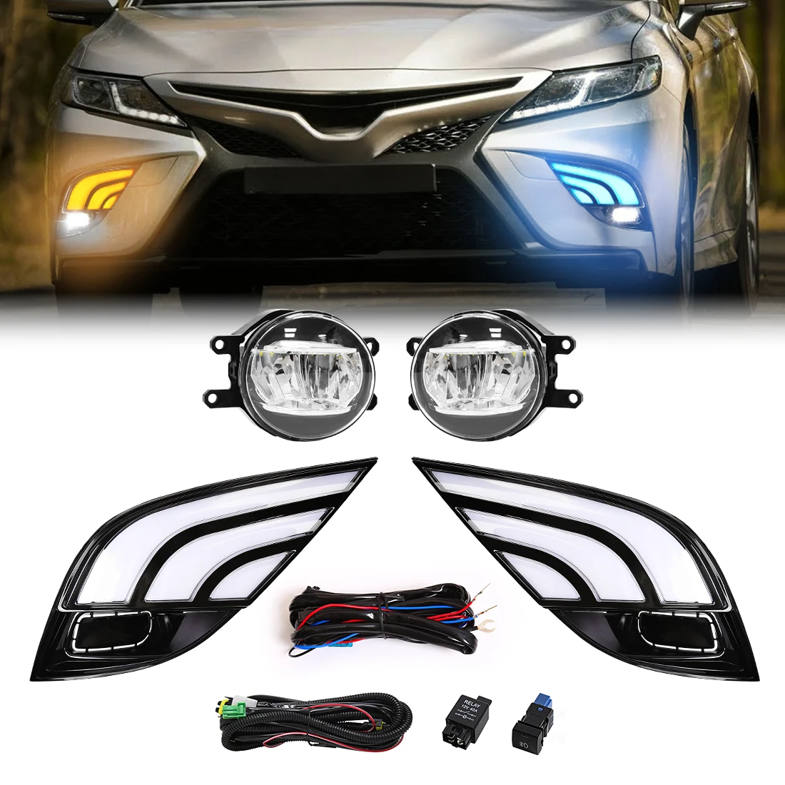 

3 цвета, автомобильные светодиодные дневные ходовые огни в сборе для Toyota Camry 2018 2019 2020, указатель поворота, противотуманные фары, аксессуары для фар