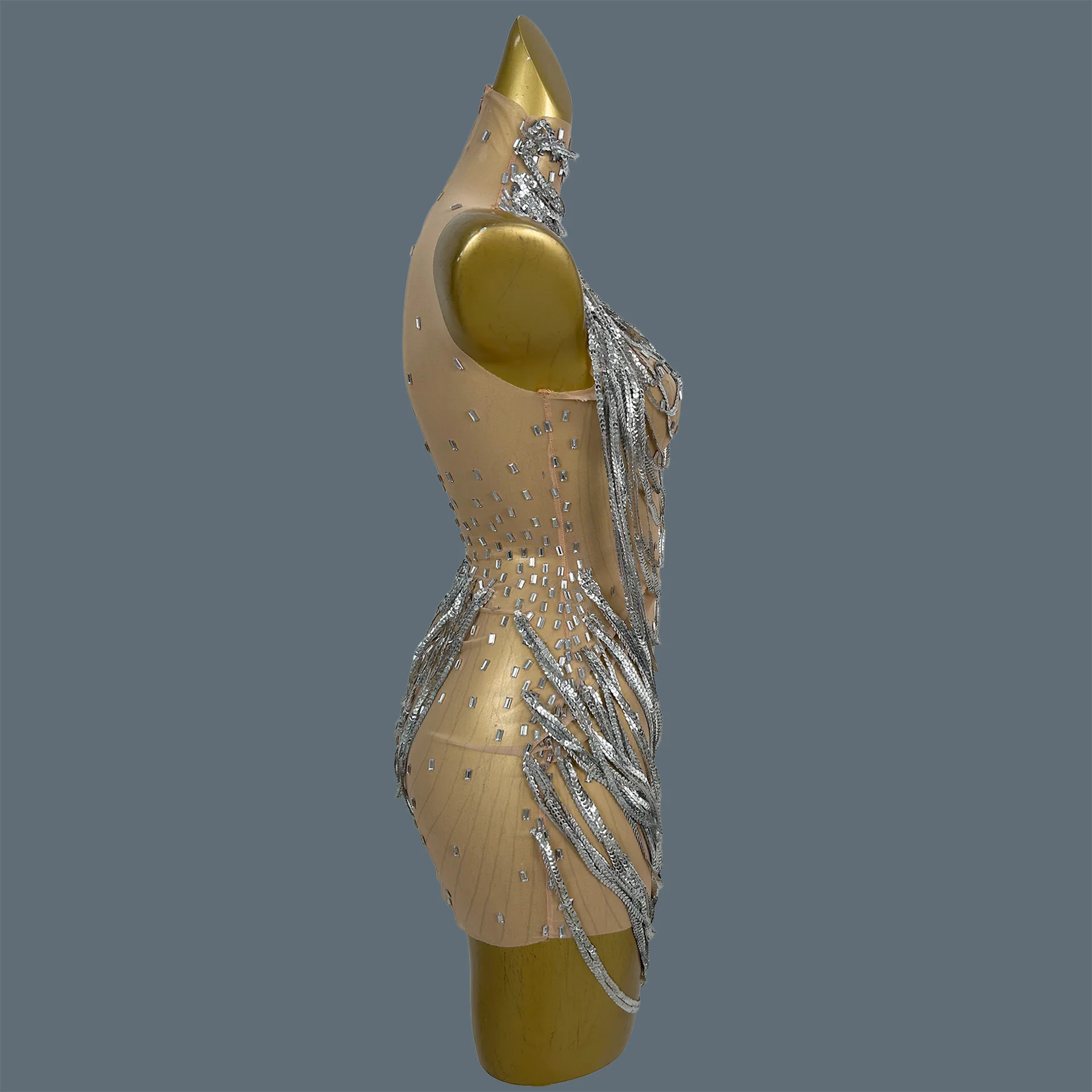 

Sexy Women Silver Chain Fringe Transparent Mesh Dress Showgirl Stage Dancer Sparkly Outfit Party Club Performance Wear Xiansuo
