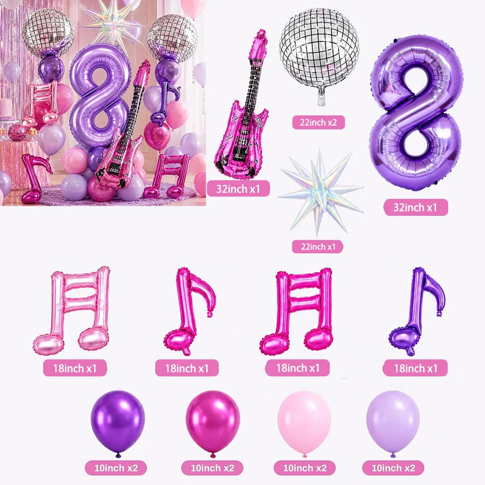 Kpop Geburtstagsdekorations-Ballon-Set, Discokugel, Gitarren- und Musiknoten-Ballons, Ornamente, Lila Geburtstagsparty-Zubehör, Partyartikel – Detail 12