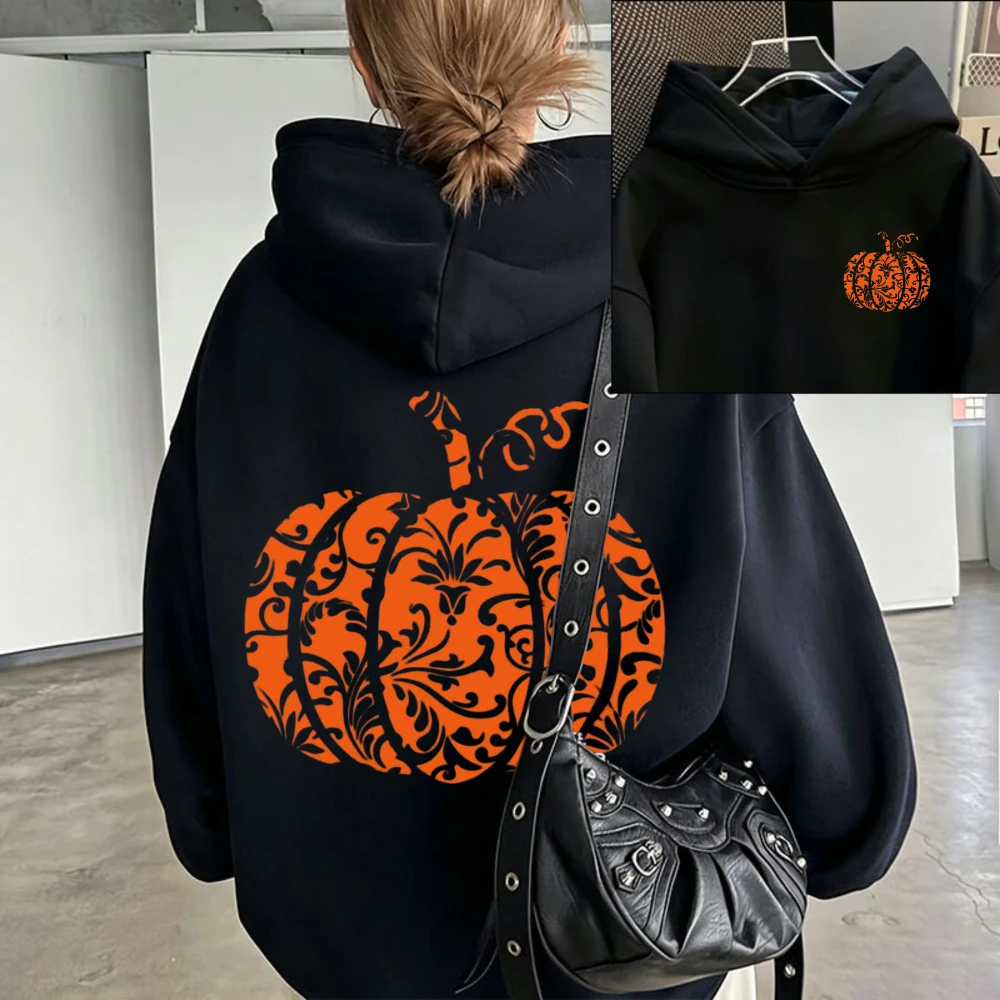 Vintage Floral‑Pattern Pumpkin Halloween Hoodie Elegant Ornate Scroll‑Flower Jack‑O‑Lantern Pullover Sweatshirt Casual Hooded
