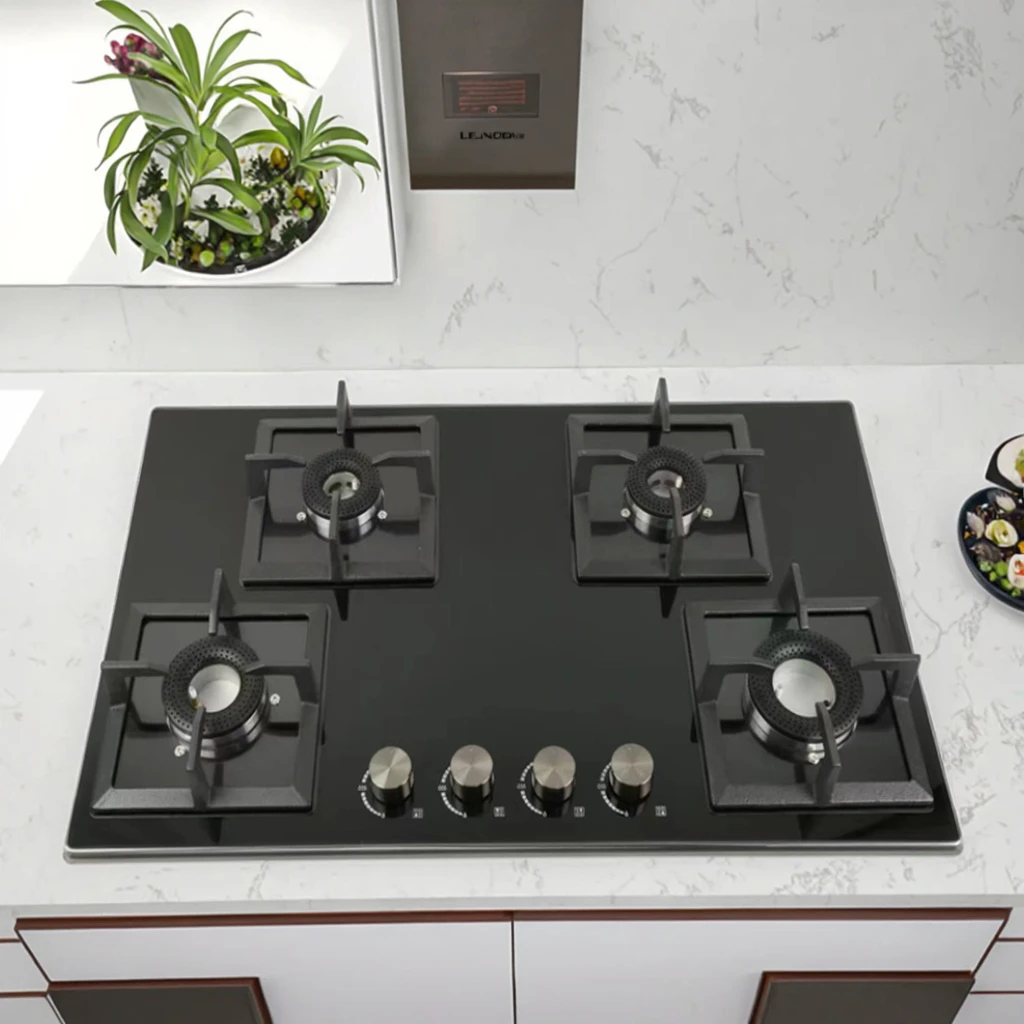 

Four burner Built in Table Top Installation Gas Stove with Glass Panel for Kitchen Household