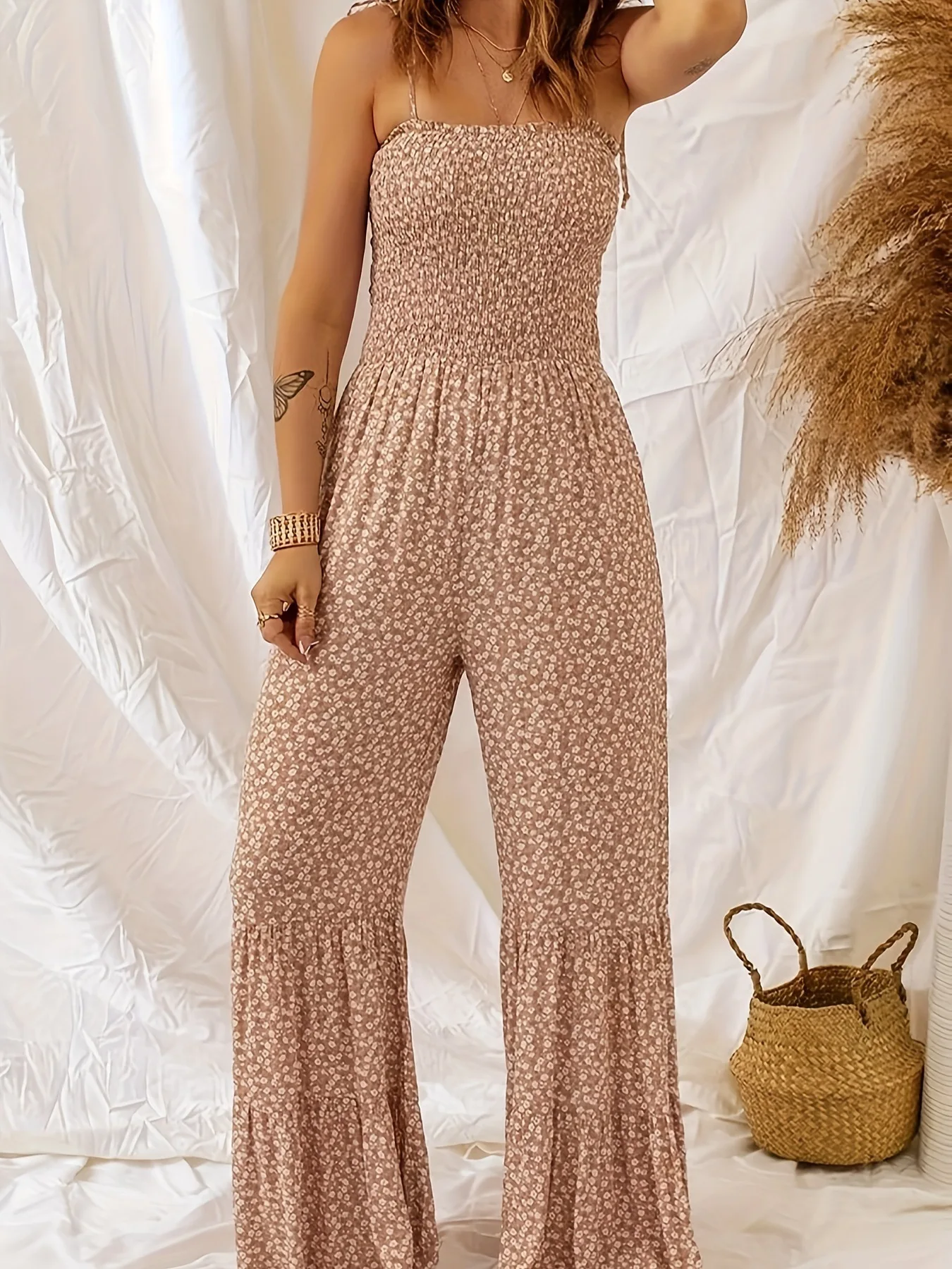 

Floral Print Wide Leg Jumpsuit Casual Ruffle Hem Backless Spaghetti Strap Jumpsuit For Spring Summer Women's Clothing