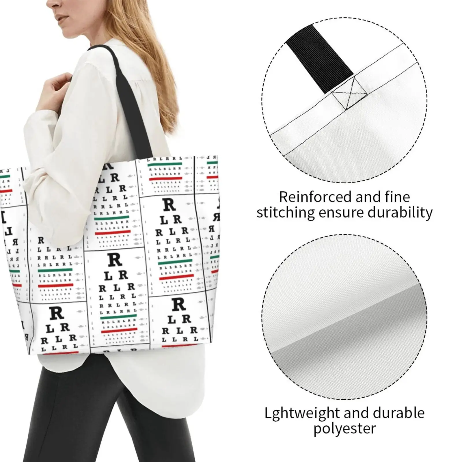 Black Snellen Chart Shoulder Bag Vision Test Optical Optics Eye Test Medicine Glasses Ladies Handbag Tote Bag Reusable Large Bag