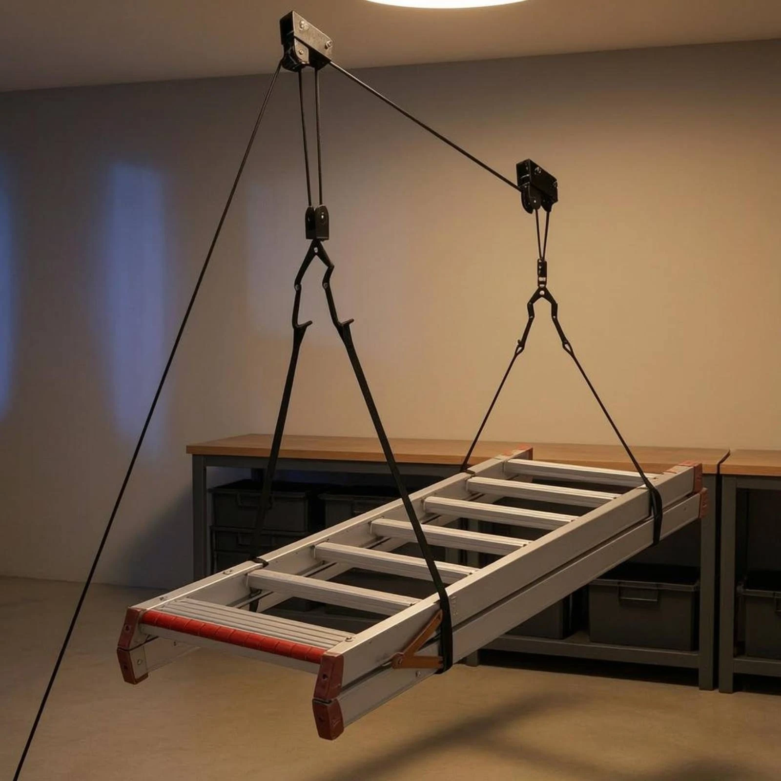 Fotografia 3: Sistema de Elevação de Teto com Ganchos Reforçados para Armazenamento Aéreo, Metálico Preto de Alta Capacidade