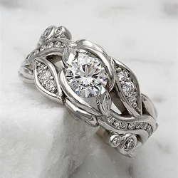 Huitan New Aesthetic Leaf Finger Ring Lady Silver Color Round Zirconia Crystal Jewelry for Engagement Bridal Wedding Accessories