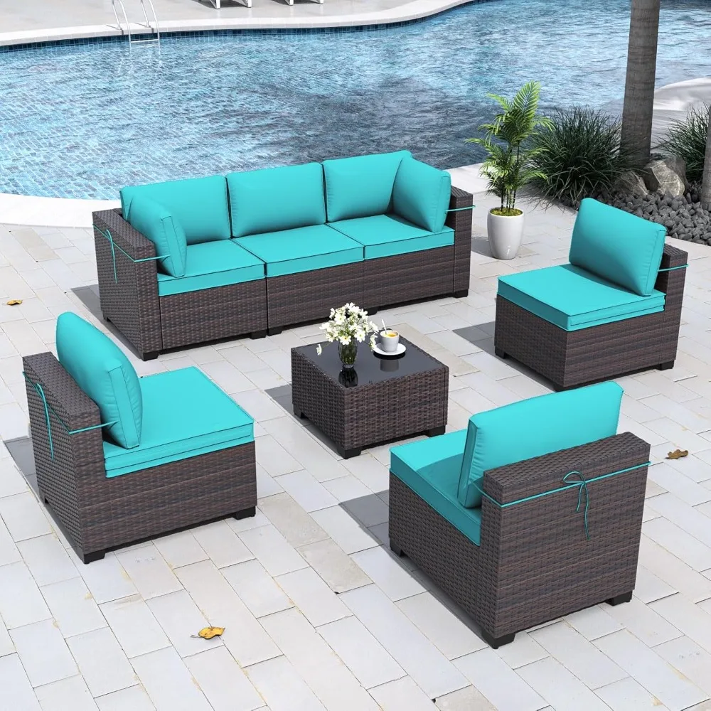 

Набор мебели для патио из 7 предметов — всепогодный секционный плетеный полиэтиленовый ротанг со сменными синими водонепроницаемыми подушками и кофе