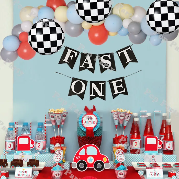 

69pcs Race Car Themed DIY Balloon Garland Kit White Blue Grey Checkered Balloons Fast One Banner Birthday Party Decorations