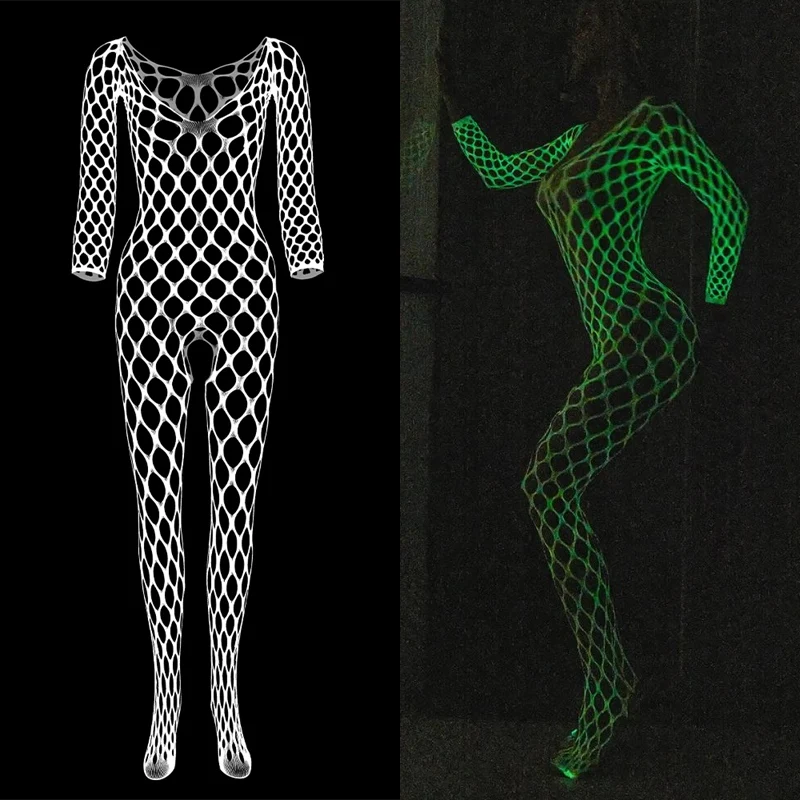 Luminous Fishnet Plus Size Stockings Women Elastic Mesh Open Crotch Tights Party Club Body Pantyhose Fishnet Crotchless Lingerie