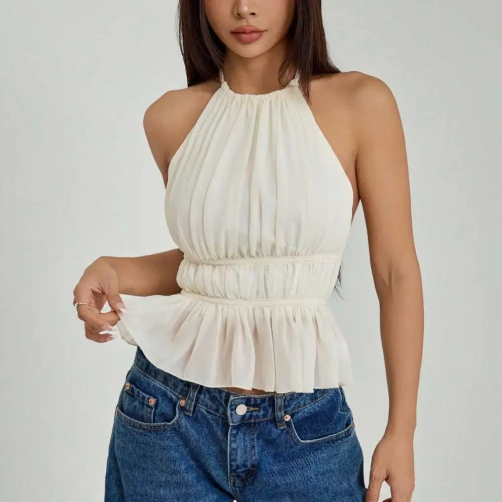 Prosty, bezrękawnikowy top na ramiączkach z koronką, plisowany, szyfonowy, typu halter, kamizelka, odzież plażowa, jednolity kolor, damski crop top na imprezę.