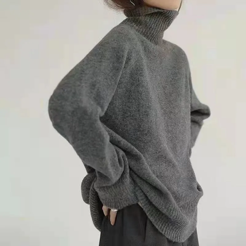 High necked sweater women thick and loose fitting French top knitted bottom sweater autumn and winter