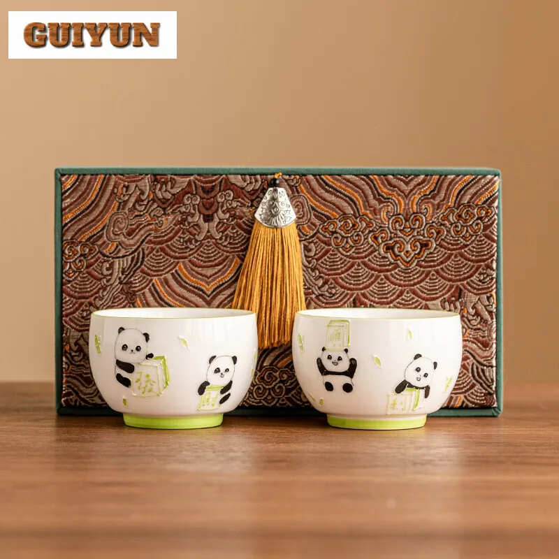 Hand Painted Panda Lucky Master Cup Household High-end Relief Teacup Traditional Tea Pair Meditation Cup Cha Supplies Ornaments