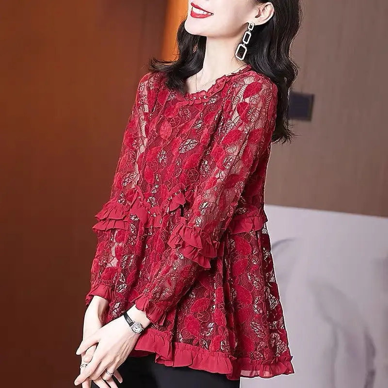 Elegant Solid Color Ruffles Lace Hollow Out Blouse Women\'s Clothing 2022 Autumn New Sweet Tops Oversized Loose Commute Shirt