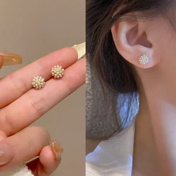 White Flower Pearl Earrings For Women Simple Small Korean Stud Earrings Zinc Alloy Cute Brincos Wedding Party Fashion Jewelry
