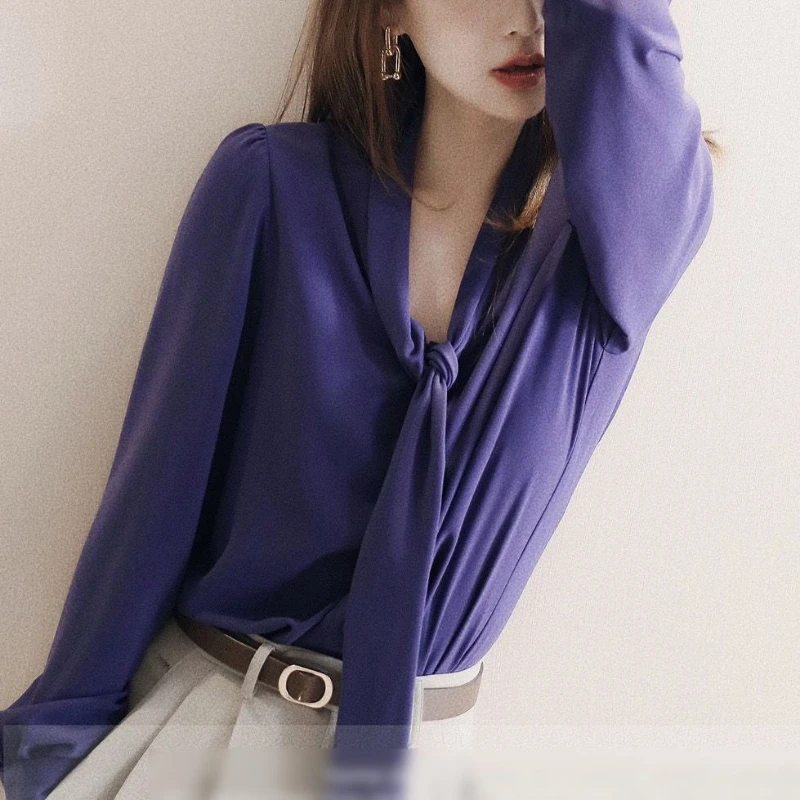 Spring Autumn New Solid Color Scarf Collar Long Sleeve Shirt Women High Street Casual Button Cardigan Elegant All-match Tops