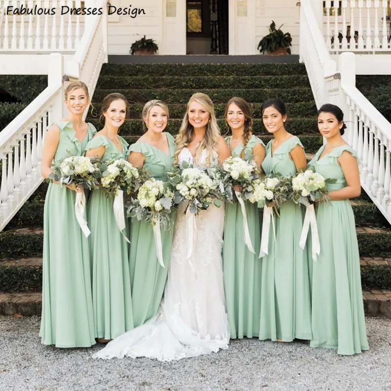 Sage Green A-line Bridesmaid Dresses Chiffon V-neck Ruffles Long Wedding Party Dress For Women Formal Maid Of Honor