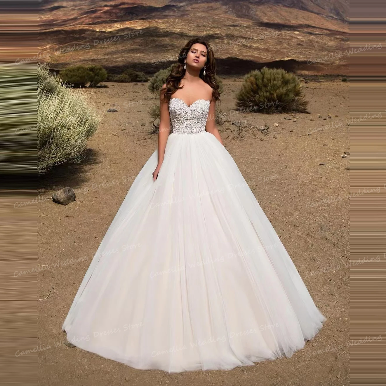 

Simple Fluffy Tulle Wedding Dresses Woman's A Line Sexy Appliques Sweetheart Bridal Gowns Sleeveless Elegant Princess Vestidos