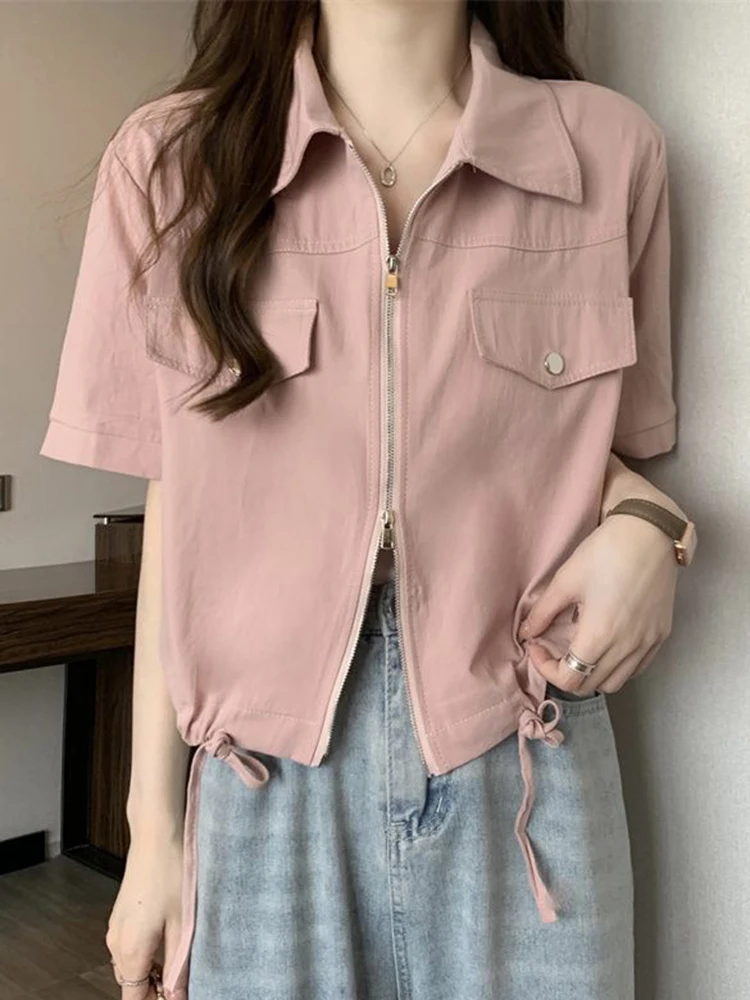 Short Sleeve Lady Solid Design Tops Jmprs Vintage Double Zipper Cargo Shirt Women Casual Preppy Style Loose Blouse Summer Simple