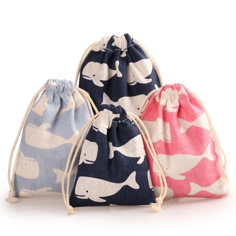 10pcs 10x14cm Cute Cartoon Printing Natural Burlap Gift Candy Bags Wedding Party Favor Pouch Kids Travel Cloth Shoes Storage Bag