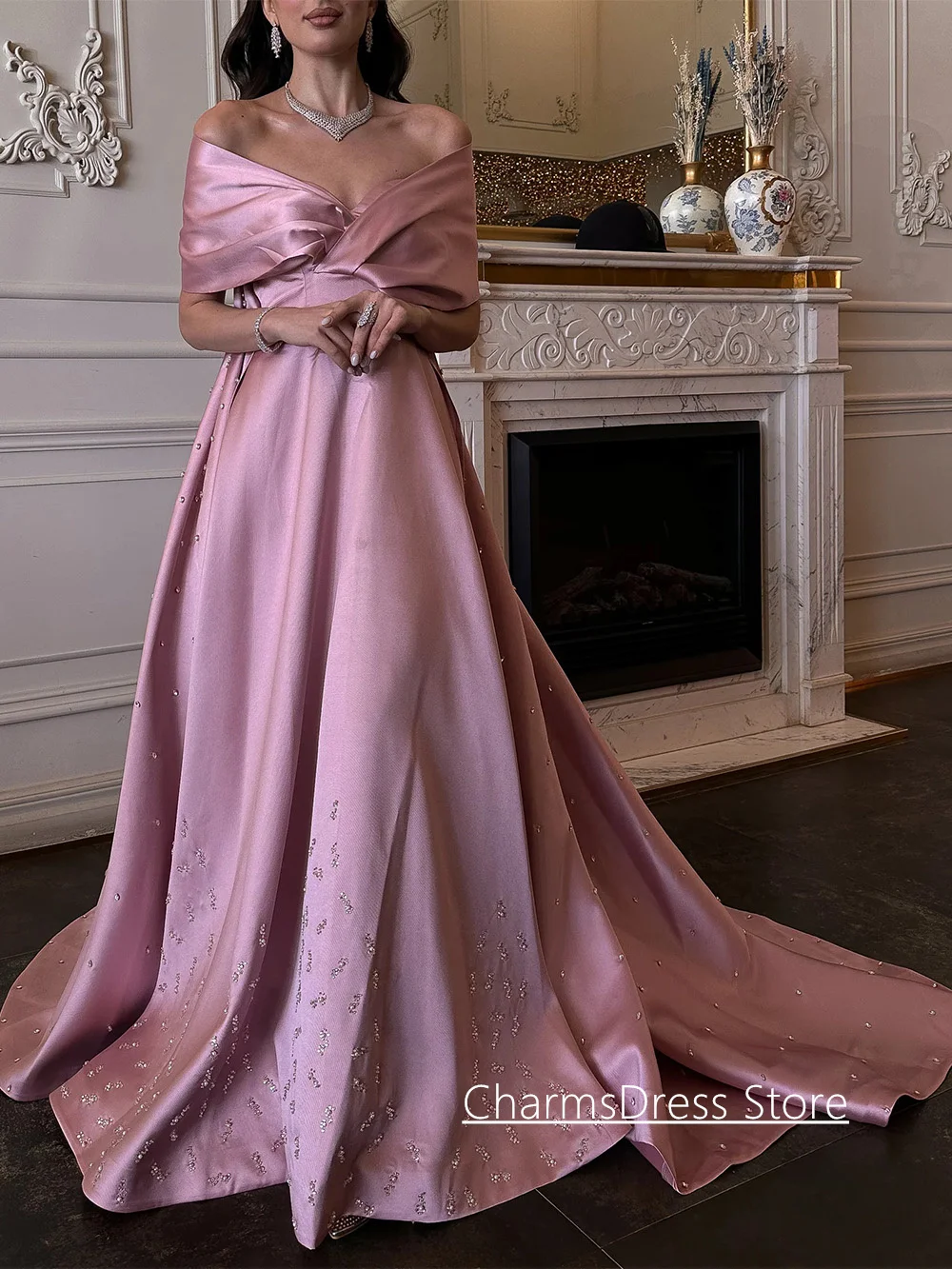 فستان سهرة كلاسيكي مطرز بحجر مخصص قبالة الكتف مطوي على شكل حرف V فستان حفلة عربية فساتين حفلة موسيقية الزفاف