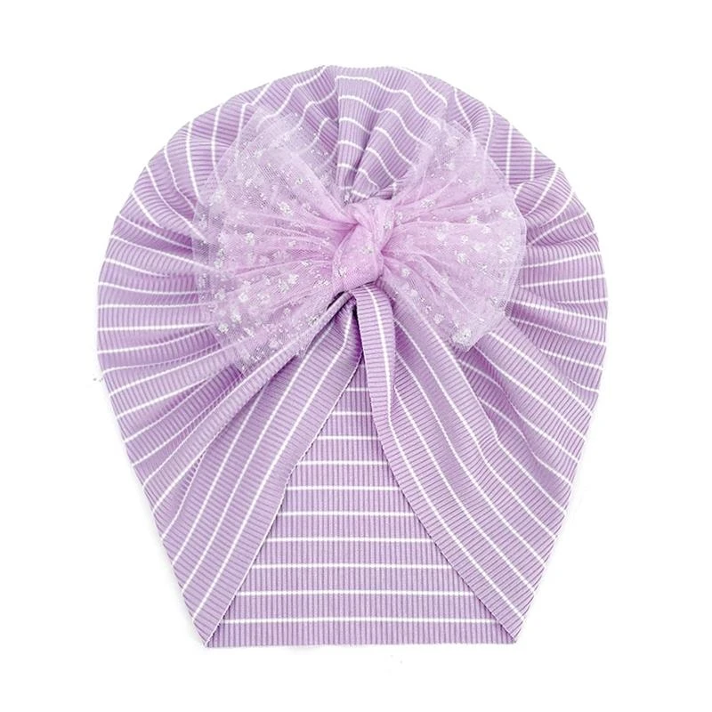 090B Infant Baby Striped Turban Hat with Mesh Sequins Bowknot Ribbed Knit Princess Muslim Bonnet Beanie Cap Headwrap
