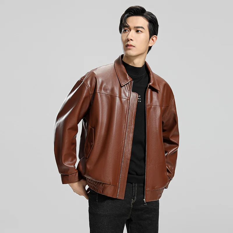 Autumn Men Leather Jackets Solid Color Lapel Zipper Motorcycle Coats Streetwear Long Sleeve Shiny Wash Free Casual Outerwear