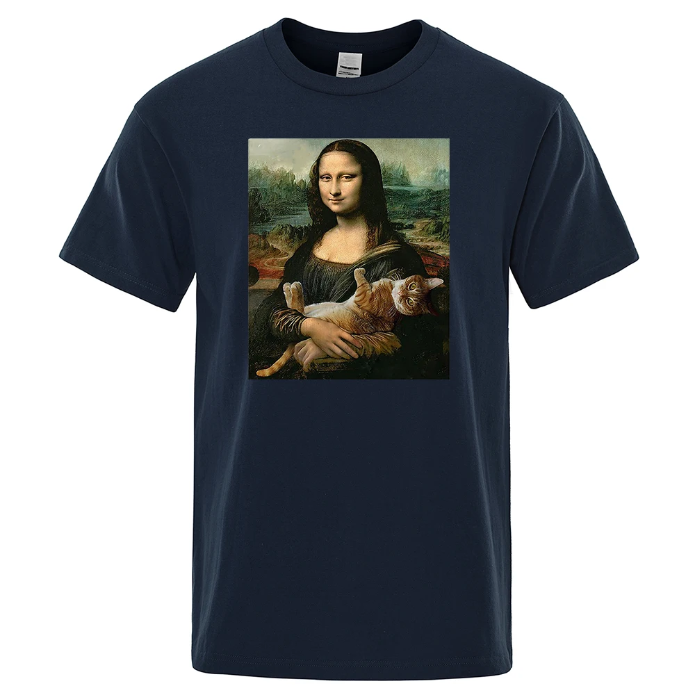 Mens T Shirts Mona Lisa Hugging Cat Lovely Cute Printed T-Shirt For Men O-Neck Gothic Male Tshirt Harajku Tee Shirts Hip Hop