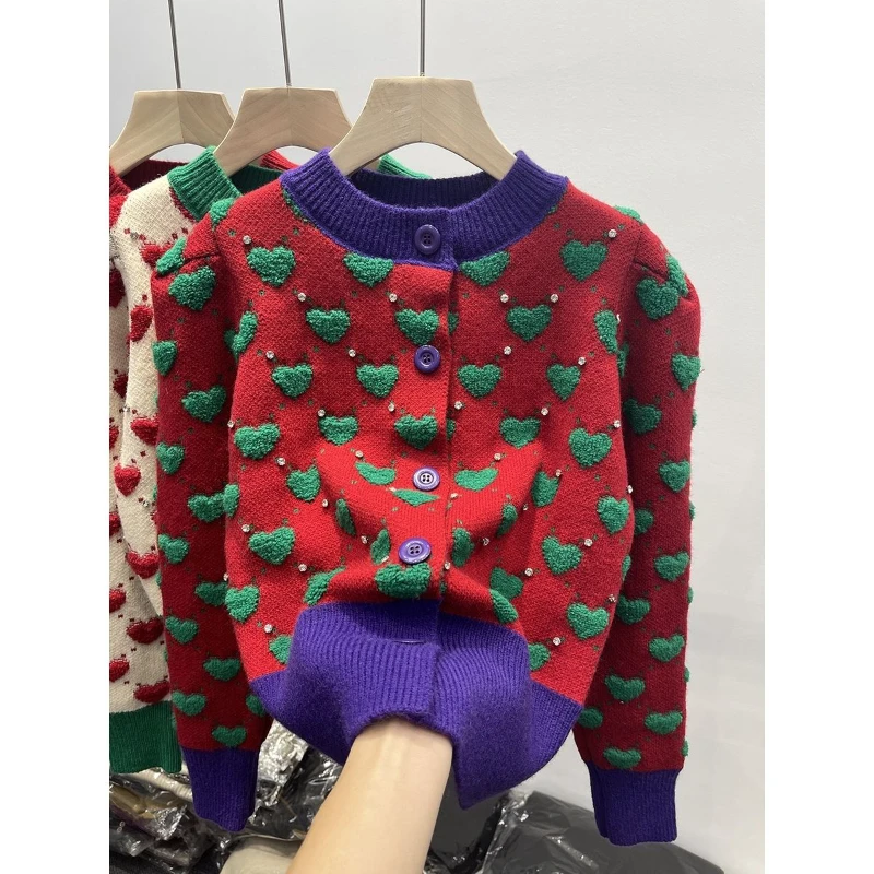 

Embroidery Sweater Autumn Winter Heavy Industry Nail Bead Love Jacquard Color Block Bubble Sleeve Sweater for Women's Cardigan