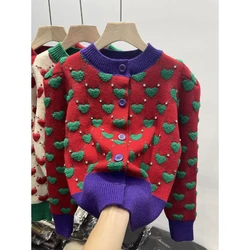 Embroidery Sweater Autumn Winter Heavy Industry Nail Bead Love Jacquard Color Block Bubble Sleeve Sweater for Women's Cardigan