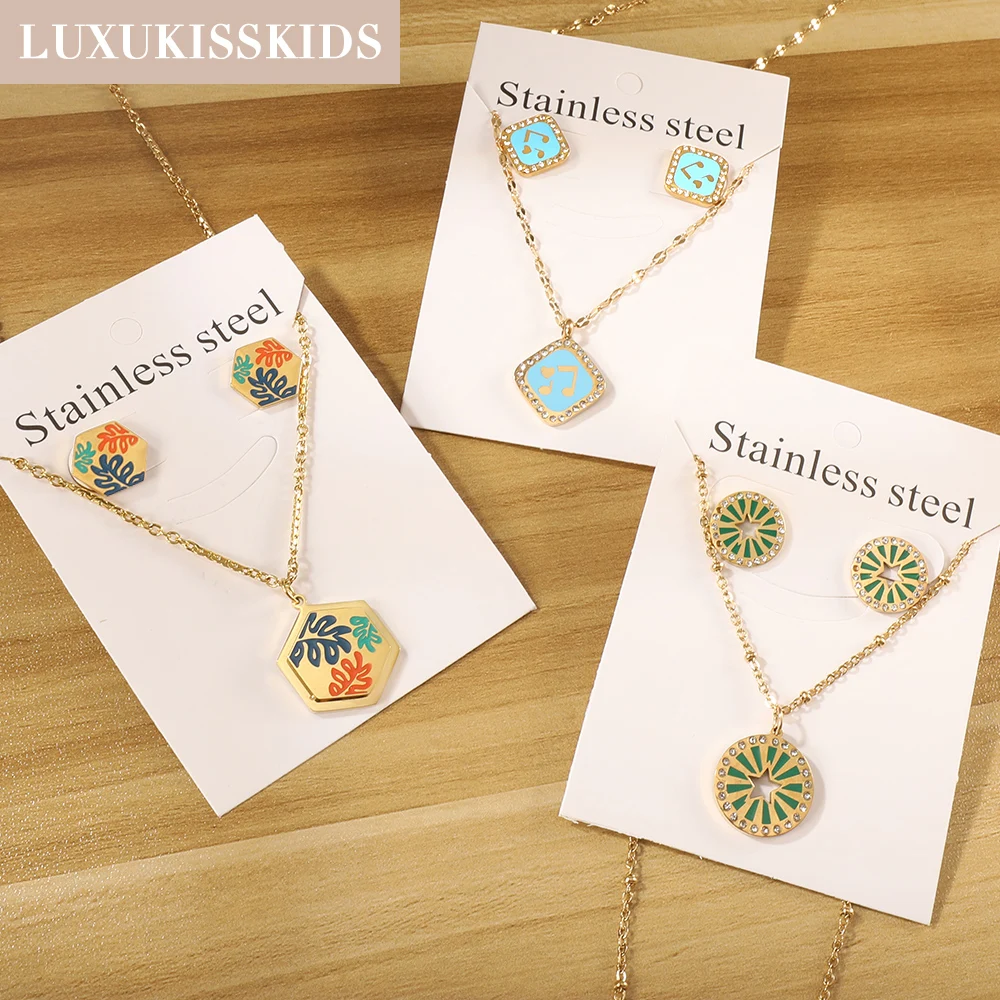 LUXUKISSKIDS jewellery Geometric Colorful Jewelry Sets Cute Acrylic Round Fashion Pendant Necklace Surgical Steel Stud Earrings