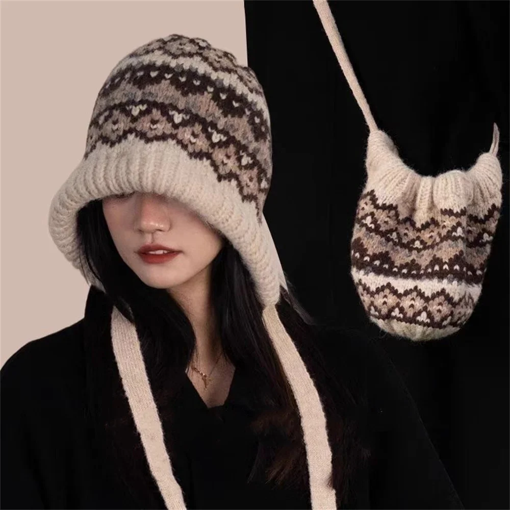 Dual-use Messenger Bag Earmuffs Cap Winter Warm Ear Protection Headgear Retro Dual Use Wool Knitted Bag and Hat for Women