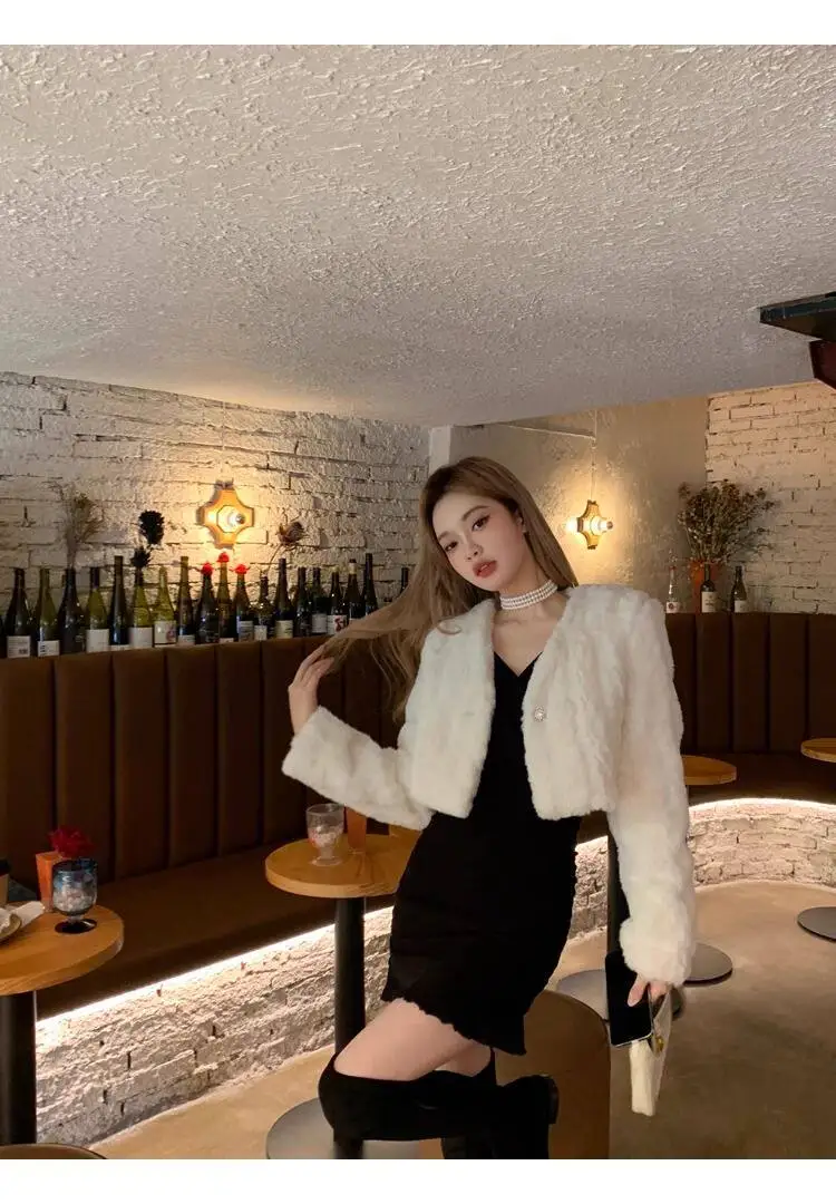 Chic V Neck Cropped Faux Rabbit Fur Jacket Women Elegant Single Button Plush Coats Woman Autumn Winter Fluffy Fleece Outerwear