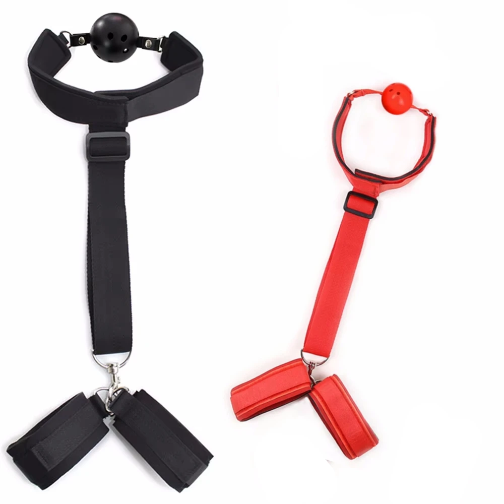Esposas eróticas, mordaza para la boca, ataduras de Bondage BDSM, Juguetes sexuales para parejas, bola de boca abierta, puños para la espalda, juego para adultos atados
